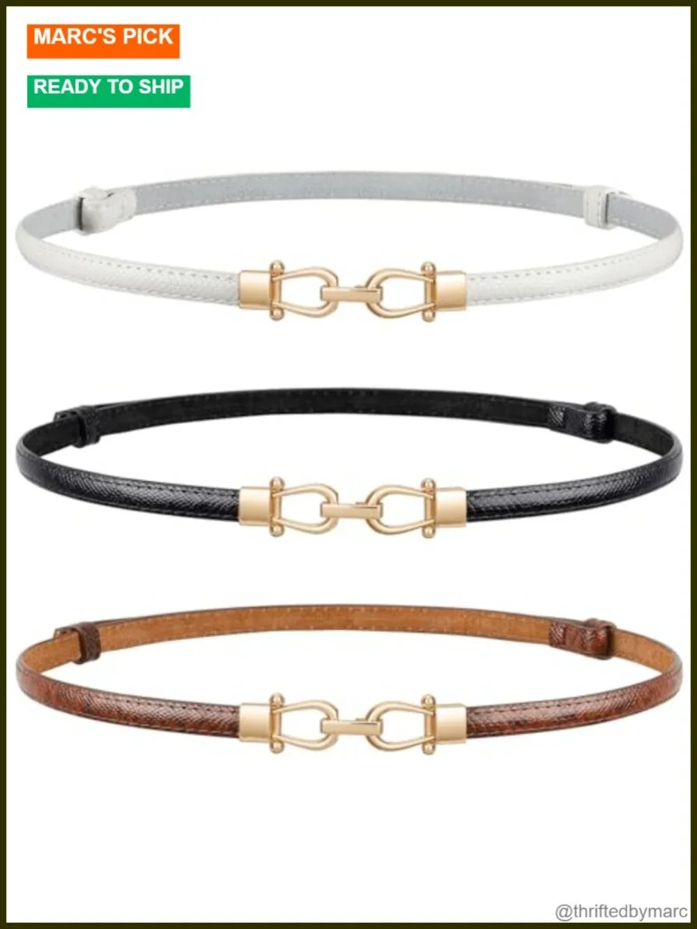 Faux Leather Skinny Belt Adjustable for Jeans Pants with Gold Buckle